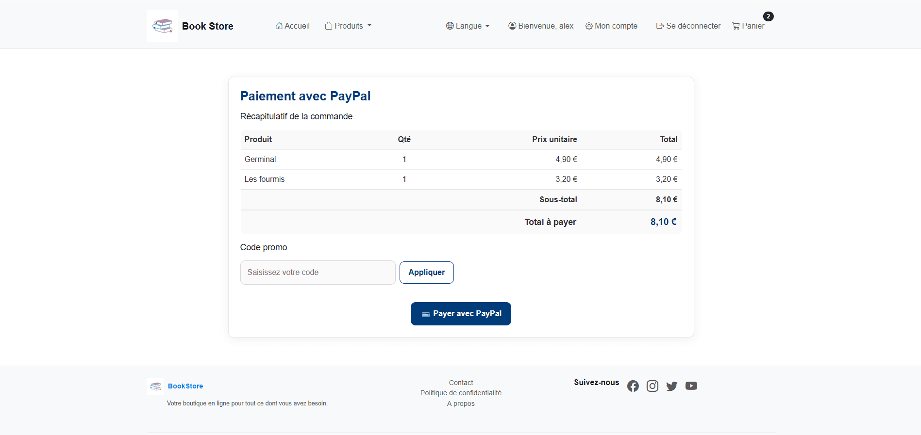 Order summary and PayPal payment